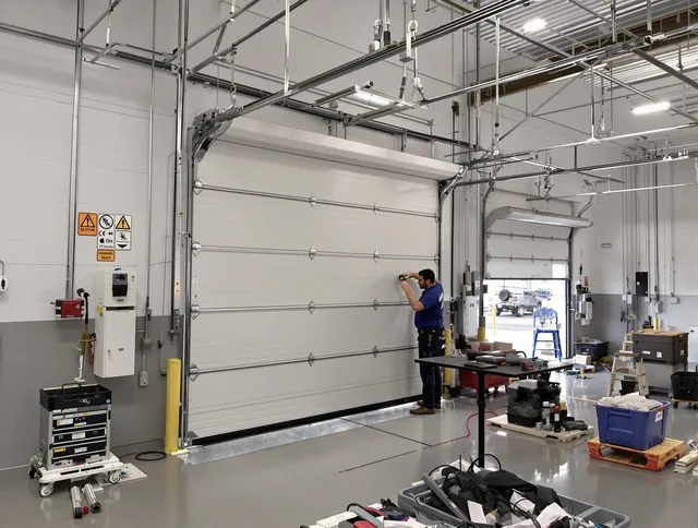 Commercial garage door repair being performed by Mahoning Garage Door Repair expert in Mahoning