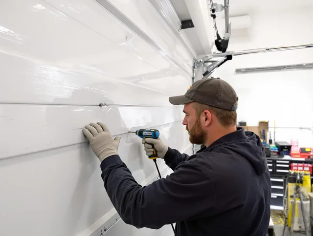Mahoning Garage Door Repair technician demonstrating precision dent removal techniques on a Mahoning garage door