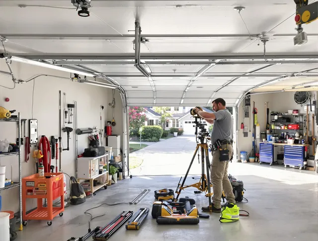 Mahoning Garage Door Repair specialist performing laser-guided track alignment in Mahoning